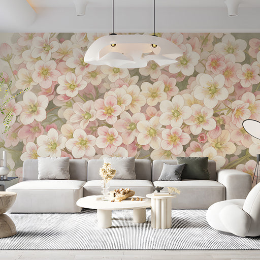 Soft floral mural installed in a bright commercial space with light wood furniture