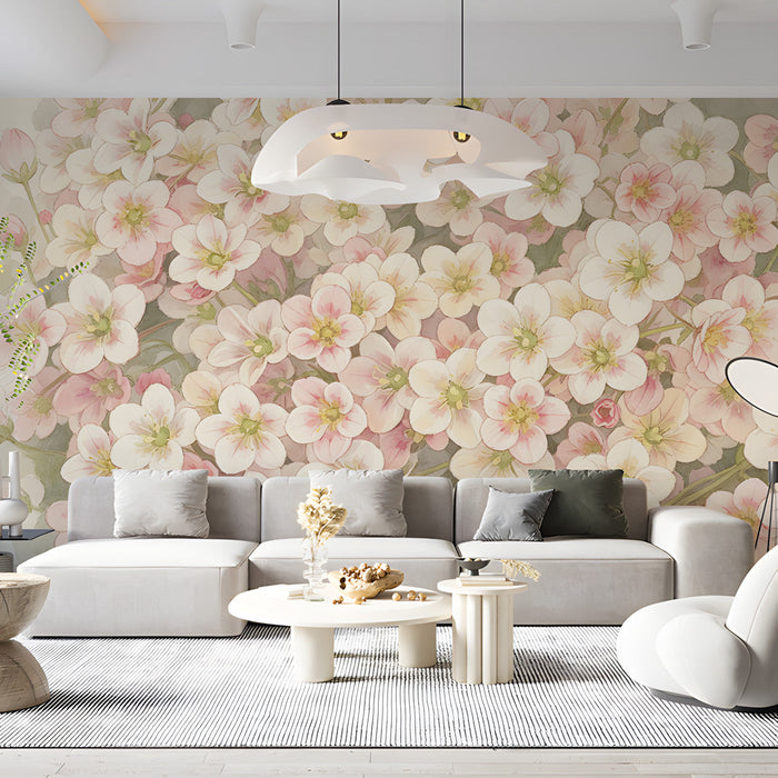 Soft floral mural installed in a bright commercial space with light wood furniture