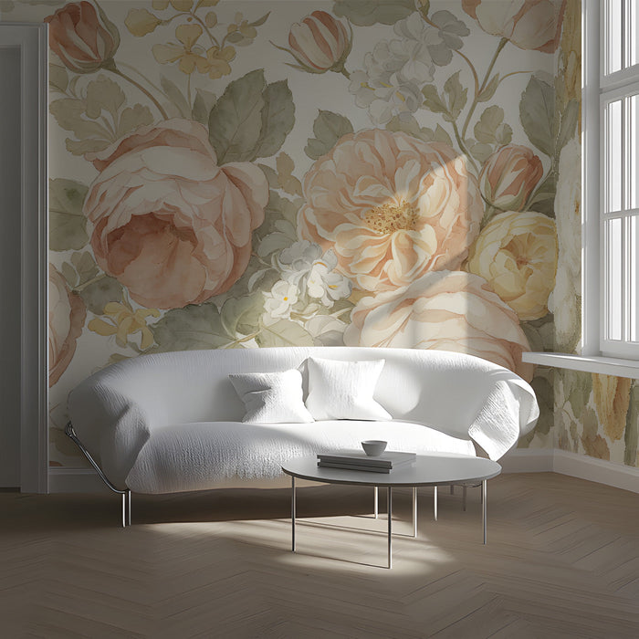 Soft floral mural installed in a light-filled entryway with linen bedding