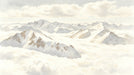 Watercolor painting of rugged mountain peaks rising above a soft blanket of cream-colored clouds.
