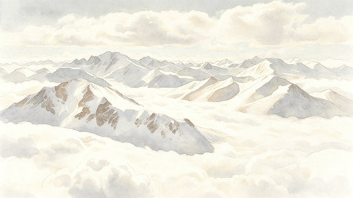 Watercolor painting of rugged mountain peaks rising above a soft blanket of cream-colored clouds.