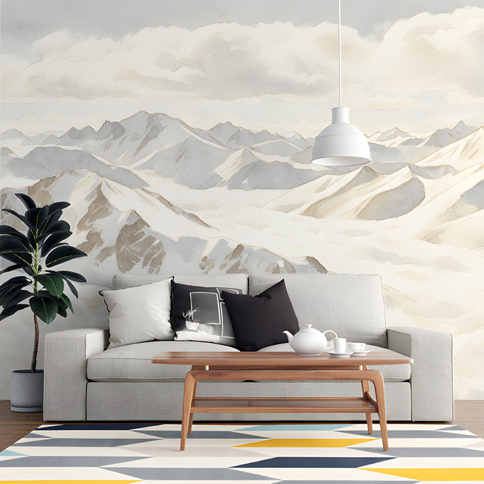A bright home office space accented with a watercolor mountain range wall mural.