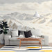 A bright home office space accented with a watercolor mountain range wall mural.
