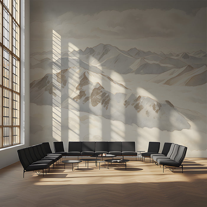 A cozy hallway wall featuring a panoramic watercolor mountain landscape in soft neutrals.