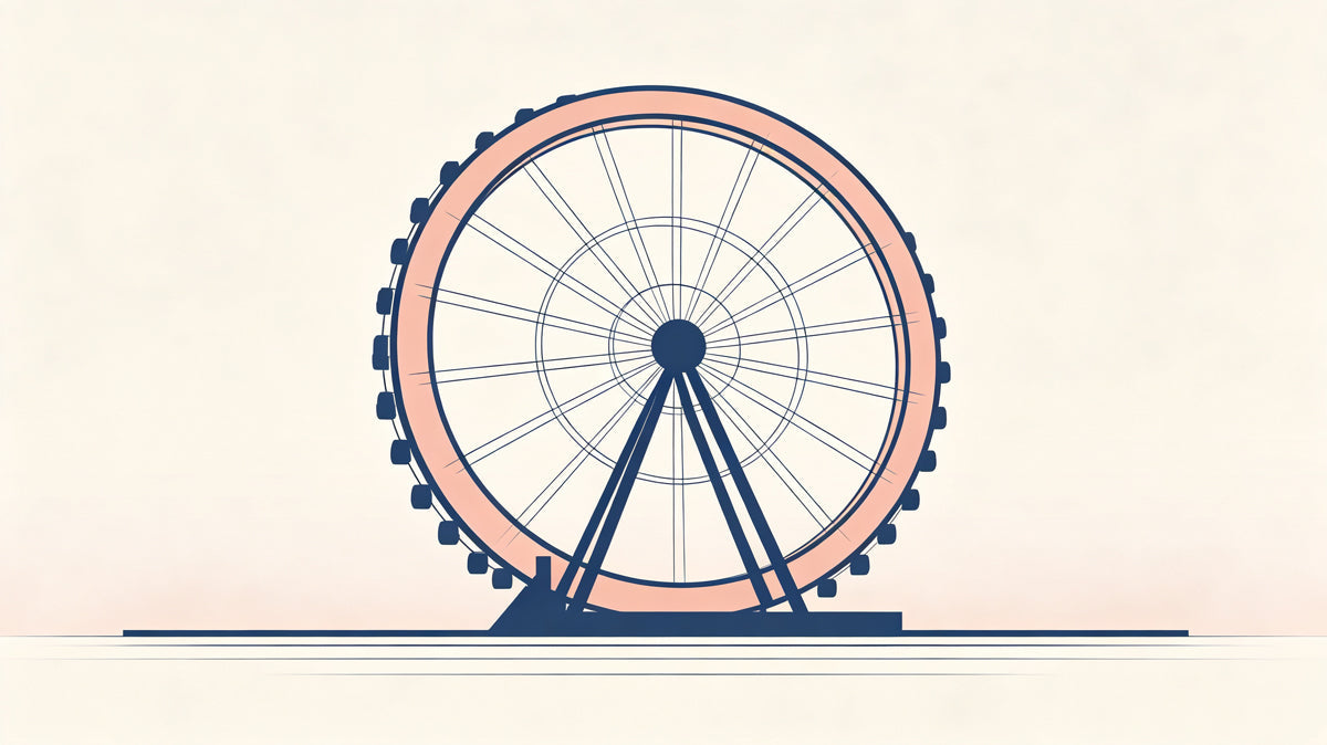 Minimalist illustration of a Ferris wheel in navy blue and soft salmon on a cream background.