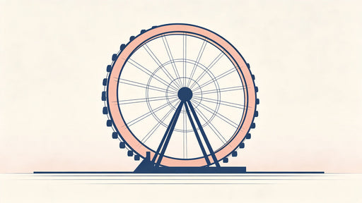Minimalist illustration of a Ferris wheel in navy blue and soft salmon on a cream background.