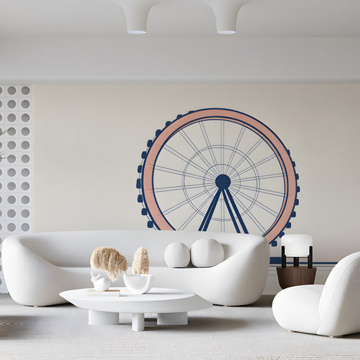 A bright, modern commercial space featuring the Ferris wheel mural on the main wall behind a bed.