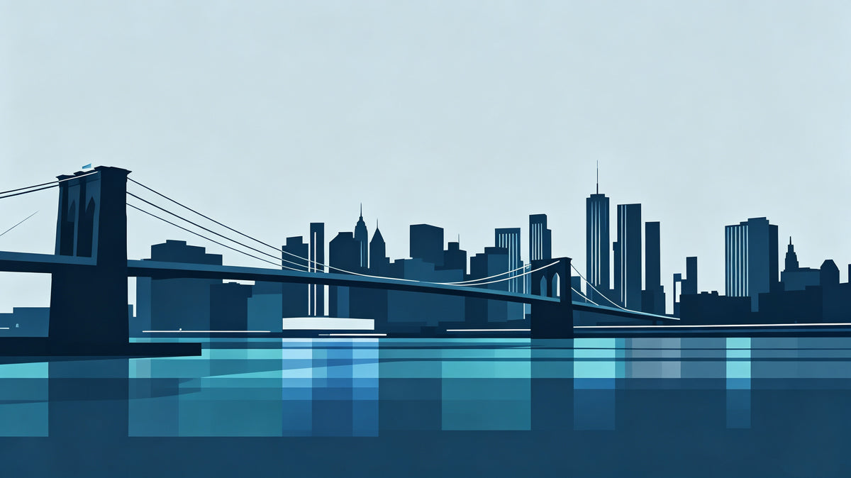 Graphic silhouette of the Brooklyn Bridge and NYC skyline in navy blue shades.