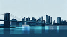 Graphic silhouette of the Brooklyn Bridge and NYC skyline in navy blue shades.