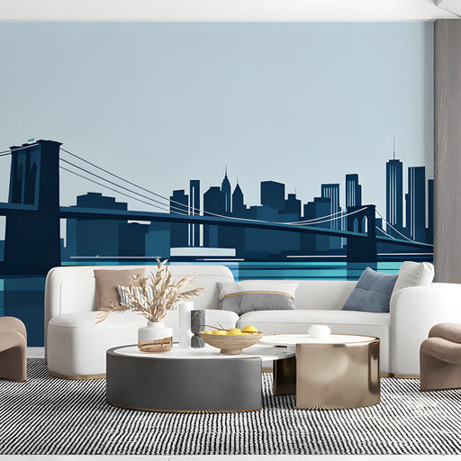 Contemporary commercial space featuring the Brooklyn bridge wallpaper behind a wall-mounted TV.