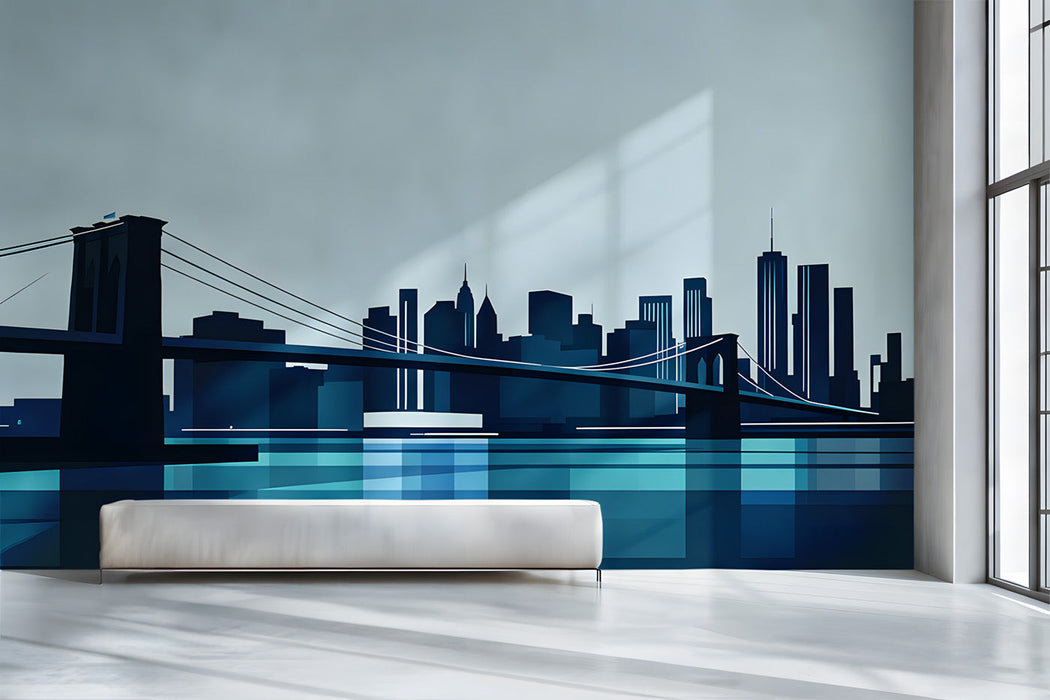 A modern hallway featuring the navy blue city skyline mural on the main wall.