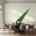 A quiet meeting room corner featuring a minimalist leaf and dew drop mural to support mindfulness.