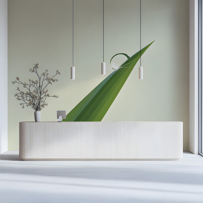 A clean home office featuring a singular leaf wallpaper mural for a focus-oriented work environment.