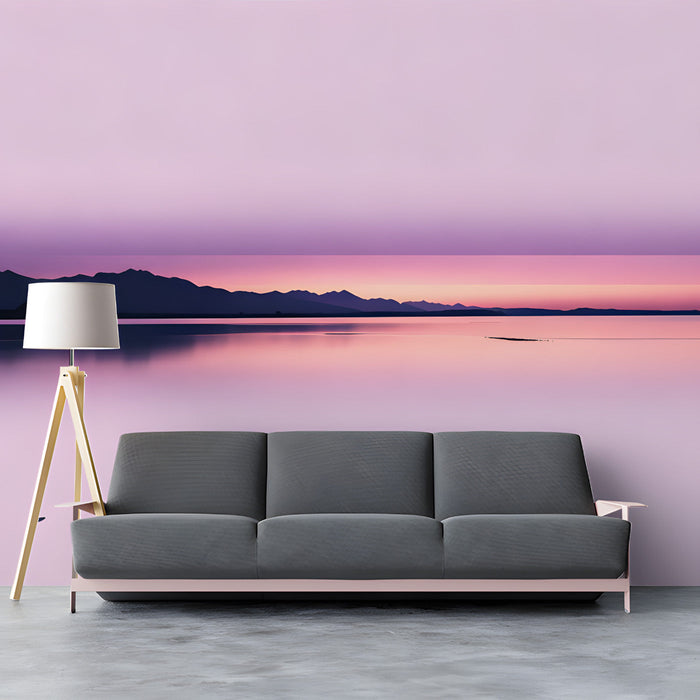 Minimalist sunset horizon mural installed in a modern study with neutral furniture