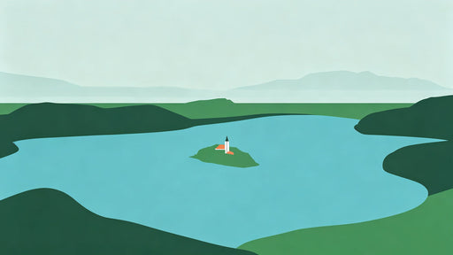 Minimalist landscape wallpaper with a church island in a cyan lake surrounded by deep forest green hills