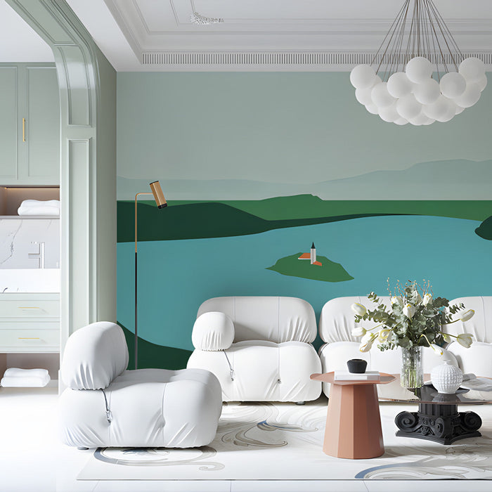 Quiet home office setup with a minimalist landscape mural providing a peaceful, wide-view backdrop