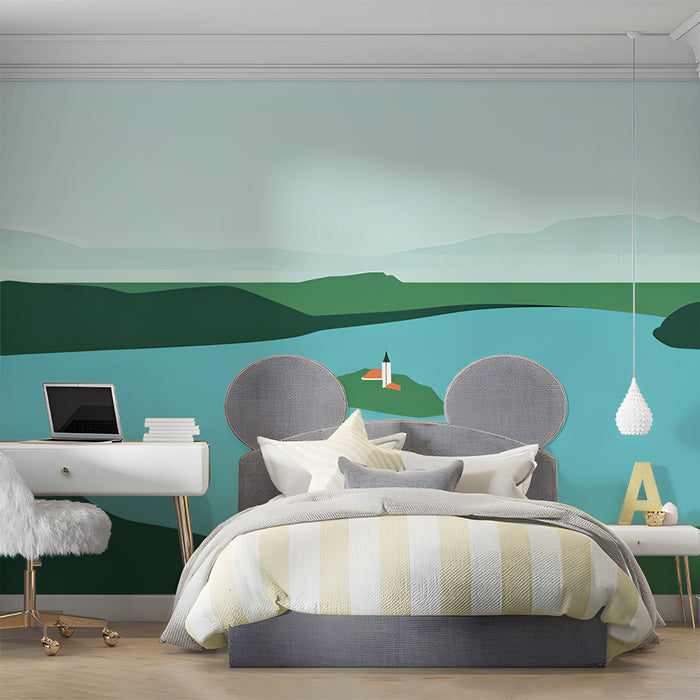 Modern bedroom featuring a serene lake mural on the headboard wall with light oak furniture