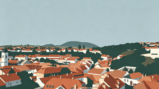 A minimalist landscape illustration of terracotta rooftops and green trees under a pale blue sky.