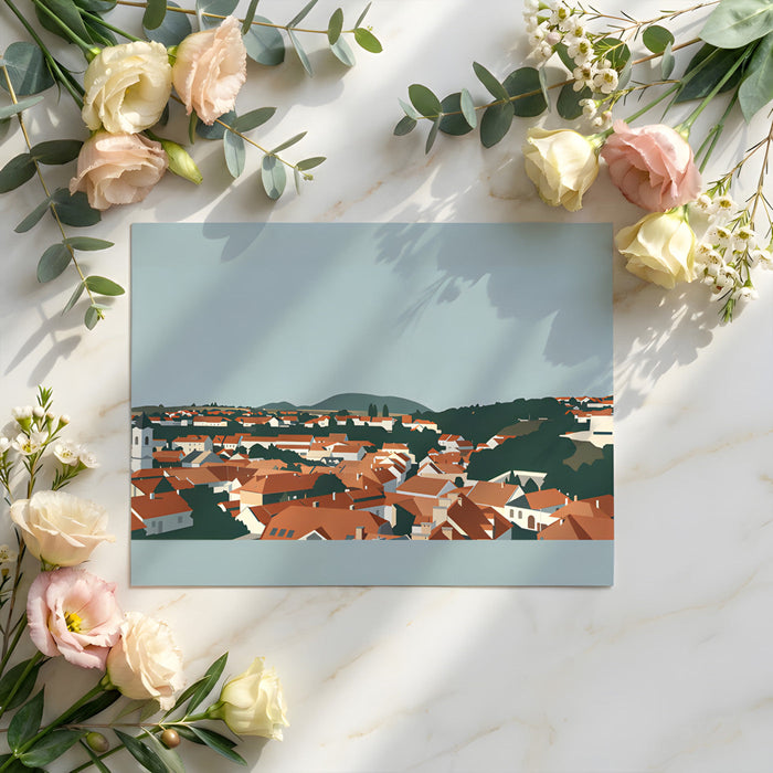 Terracotta roof city mural installed in a minimalist bedroom with neutral linens.
