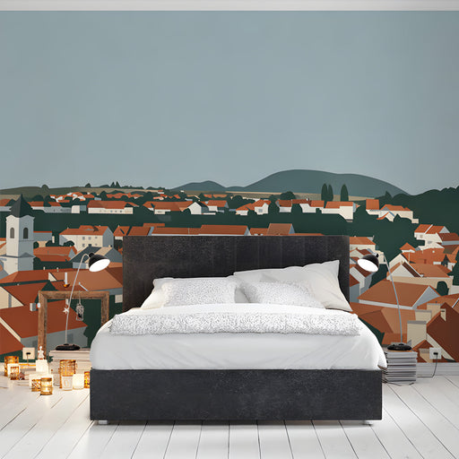 A soft-toned landscape wall mural creating a calm focal point in a bedroom.