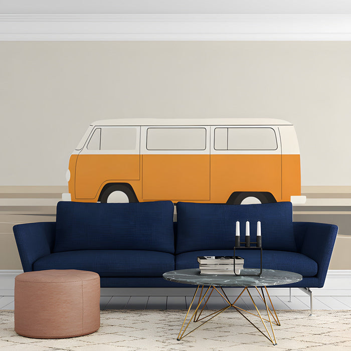 Classic orange camper van mural in a sunlit study setting