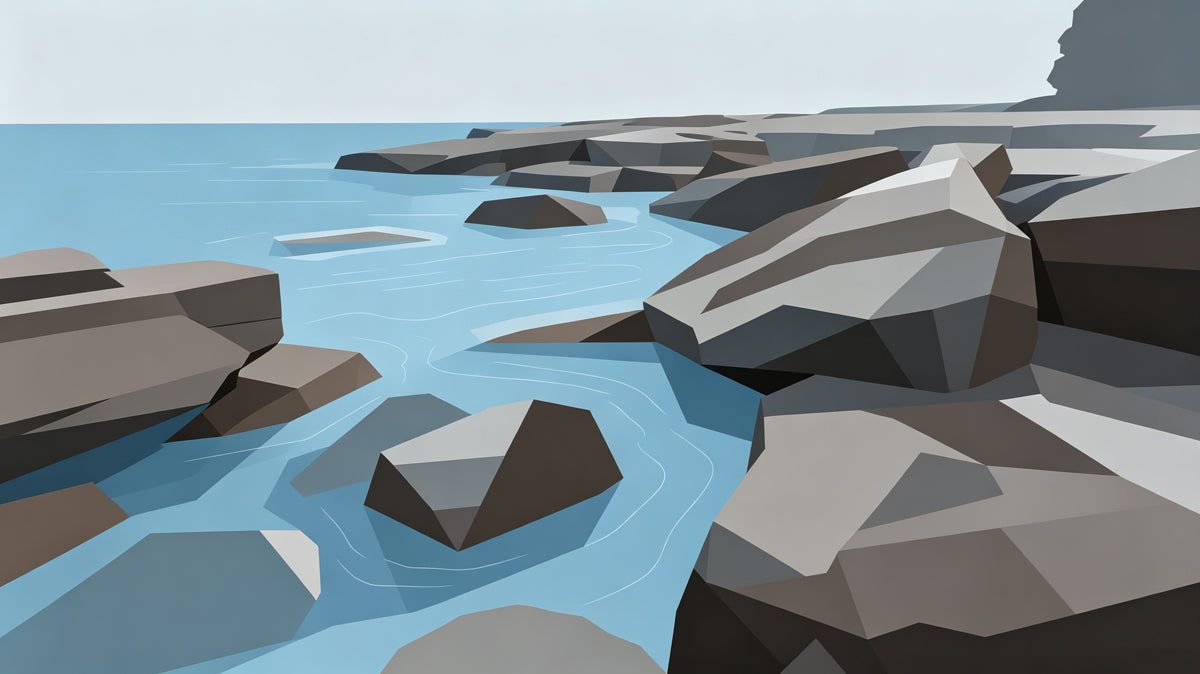 Abstract coastal mural with faceted slate gray rocks and sky blue water in a geometric style.