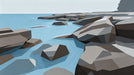 Abstract coastal mural with faceted slate gray rocks and sky blue water in a geometric style.