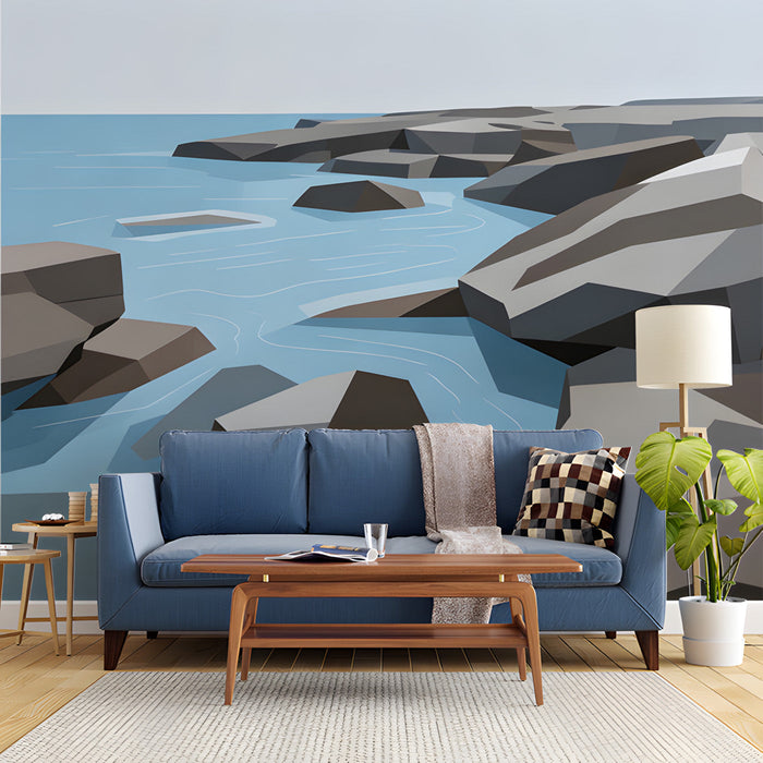 Modern shoreline mural installed in a serene living room with white minimalist decor.