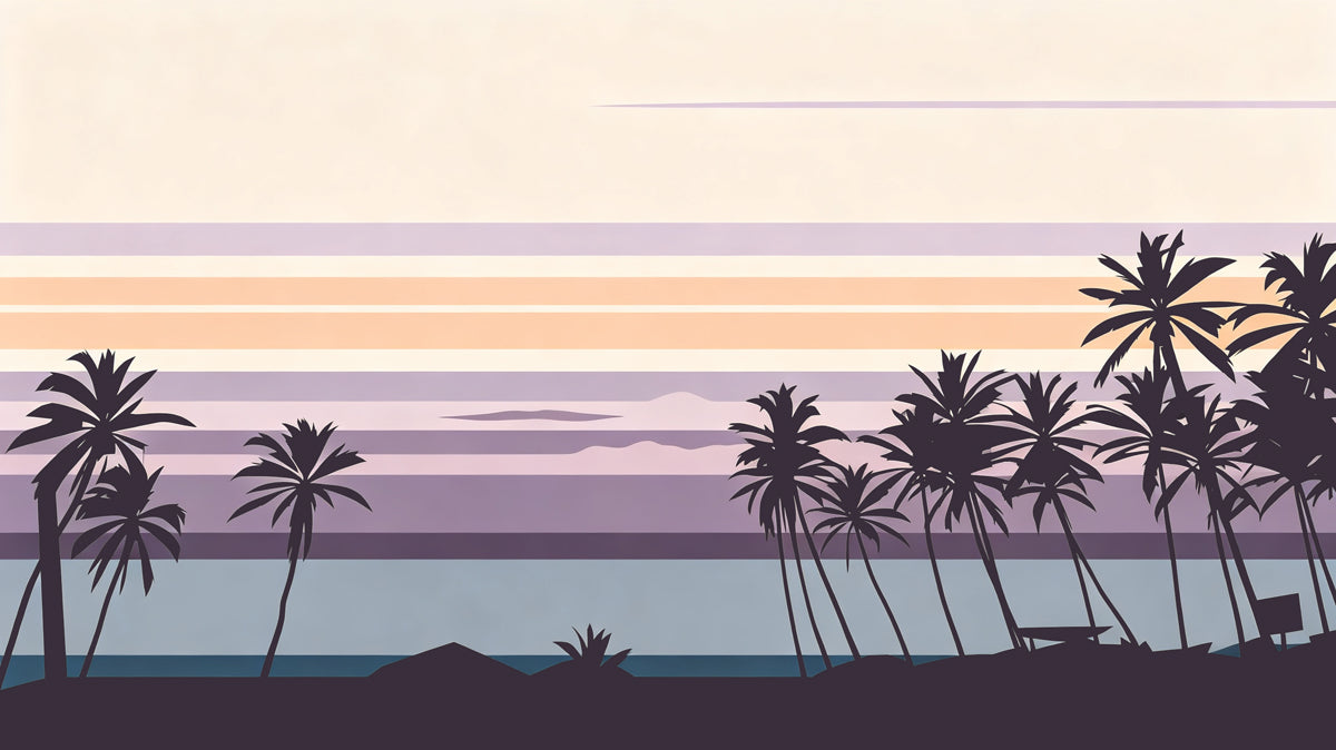 Minimalist sunset mural with charcoal palm tree silhouettes against layered lavender, peach, and cream horizontal sky bands.