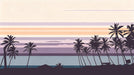 Minimalist sunset mural with charcoal palm tree silhouettes against layered lavender, peach, and cream horizontal sky bands.