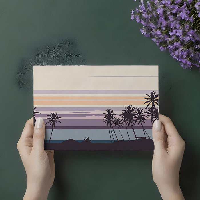 Relaxing bedroom featuring a minimalist tropical sunset wallpaper with muted purple and peach tones.