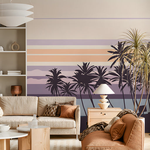 Modern living room with a calm, graphic palm beach landscape mural on the primary wall.