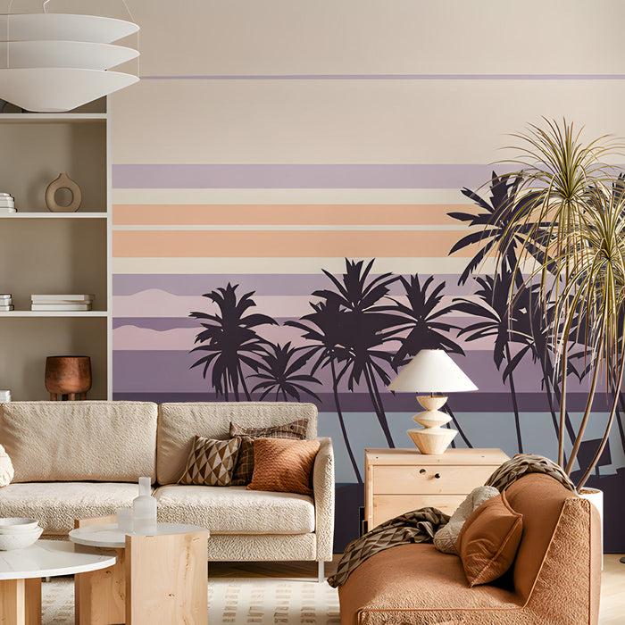 Modern living room with a calm, graphic palm beach landscape mural on the primary wall.