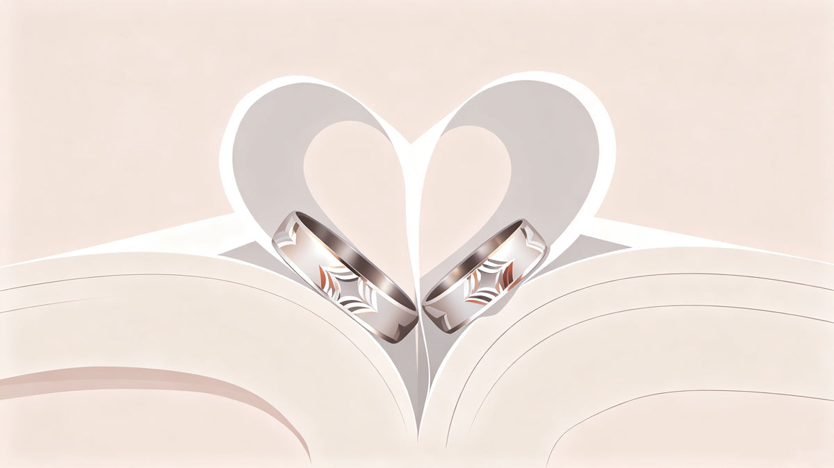 Abstract heart shape formed by folded paper with two wedding rings in soft cream and champagne colors