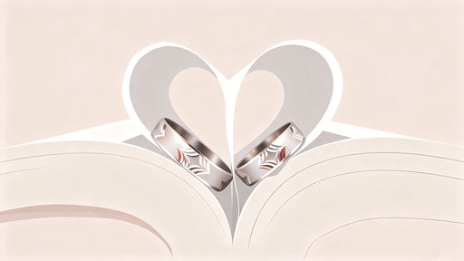 Abstract heart shape formed by folded paper with two wedding rings in soft cream and champagne colors