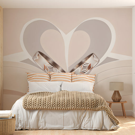 Heart-themed wall mural in a romantic and airy bedroom with white desk furniture