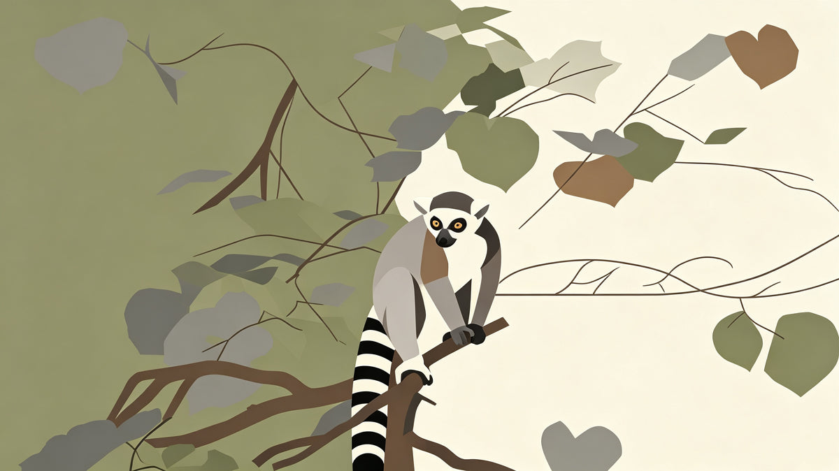 A graphic wall mural featuring a ring-tailed lemur perched on a branch surrounded by sage green and charcoal leaves