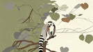 A graphic wall mural featuring a ring-tailed lemur perched on a branch surrounded by sage green and charcoal leaves