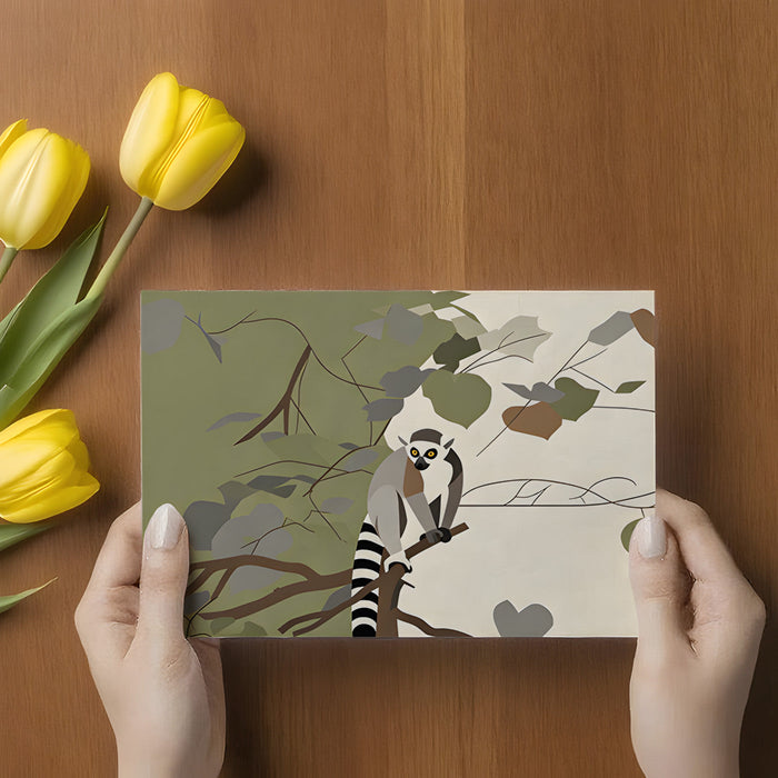 A serene home office featuring a graphic animal wallpaper behind a simple desk