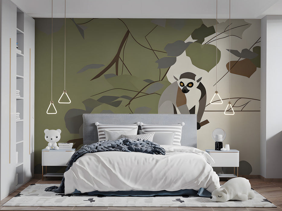 A bedroom wall decorated with a minimalist lemur nature mural and light wood furniture