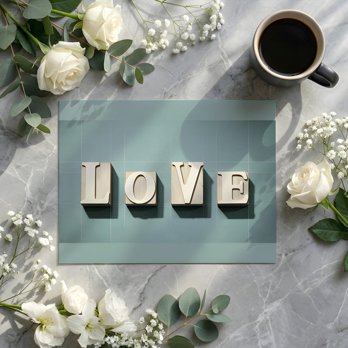 Minimalist home office with Love word mural on a feature wall