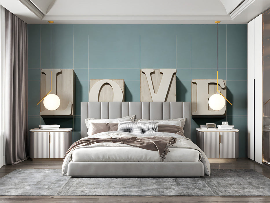 Modern bedroom featuring typography mural wallpaper behind a bed