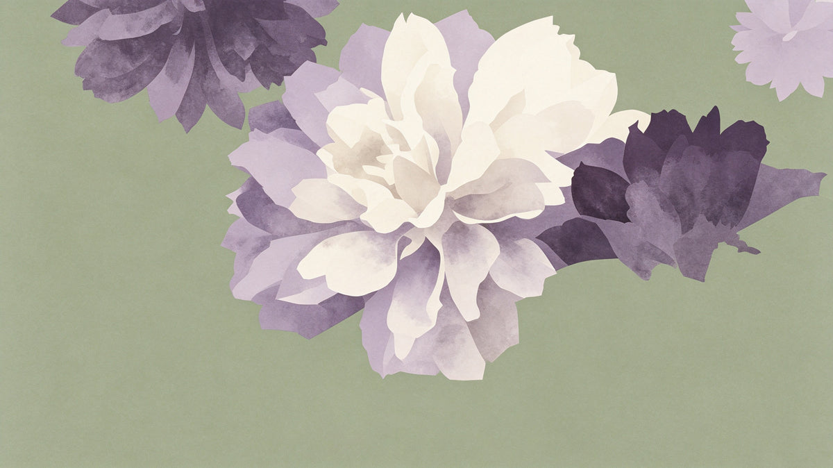 Large watercolor peony flowers in cream and plum on a flat sage green background