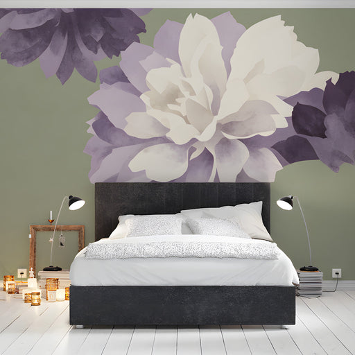 Soft floral mural wall decor in a bright bedroom with white accents