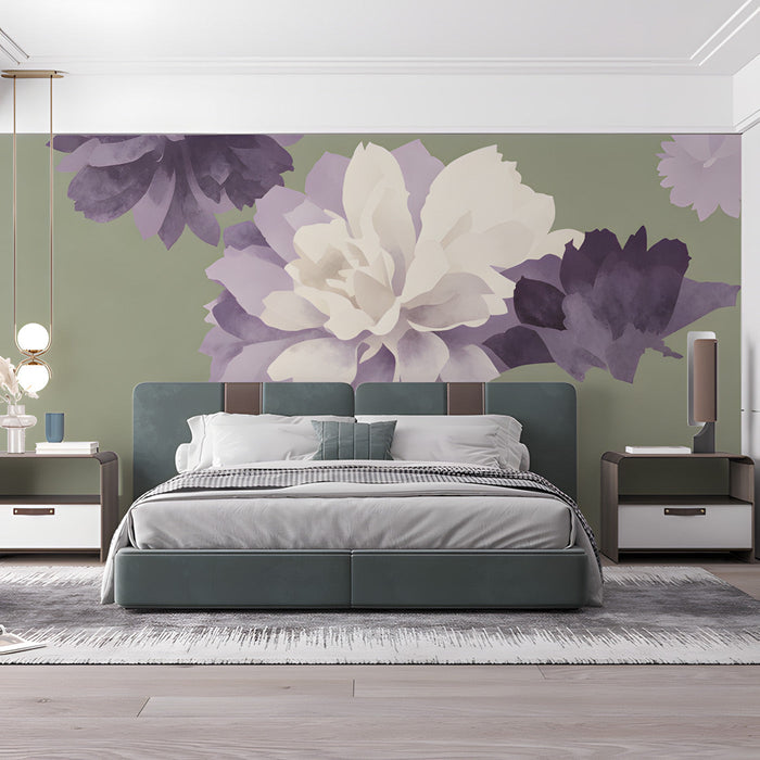 Floral mural installed on a bedroom wall behind a light wood bed frame