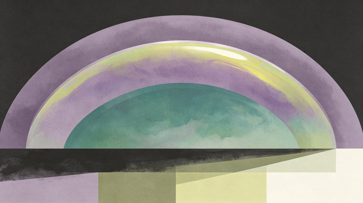 Abstract wallpaper pattern with layered lavender and sage green arches over charcoal and neutral blocks