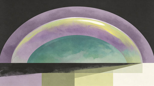 Abstract wallpaper pattern with layered lavender and sage green arches over charcoal and neutral blocks