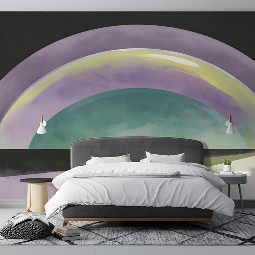Contemporary bedroom space with a soothing watercolor arch mural above a low platform bed