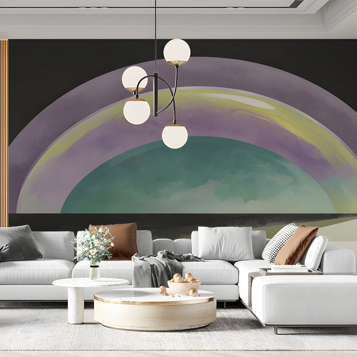 Modern living room featuring an abstract arched wall mural behind a minimalist velvet sofa