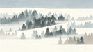 A soft, painterly mural featuring layers of pine trees in slate gray and charcoal fading into foggy cream backgrounds.